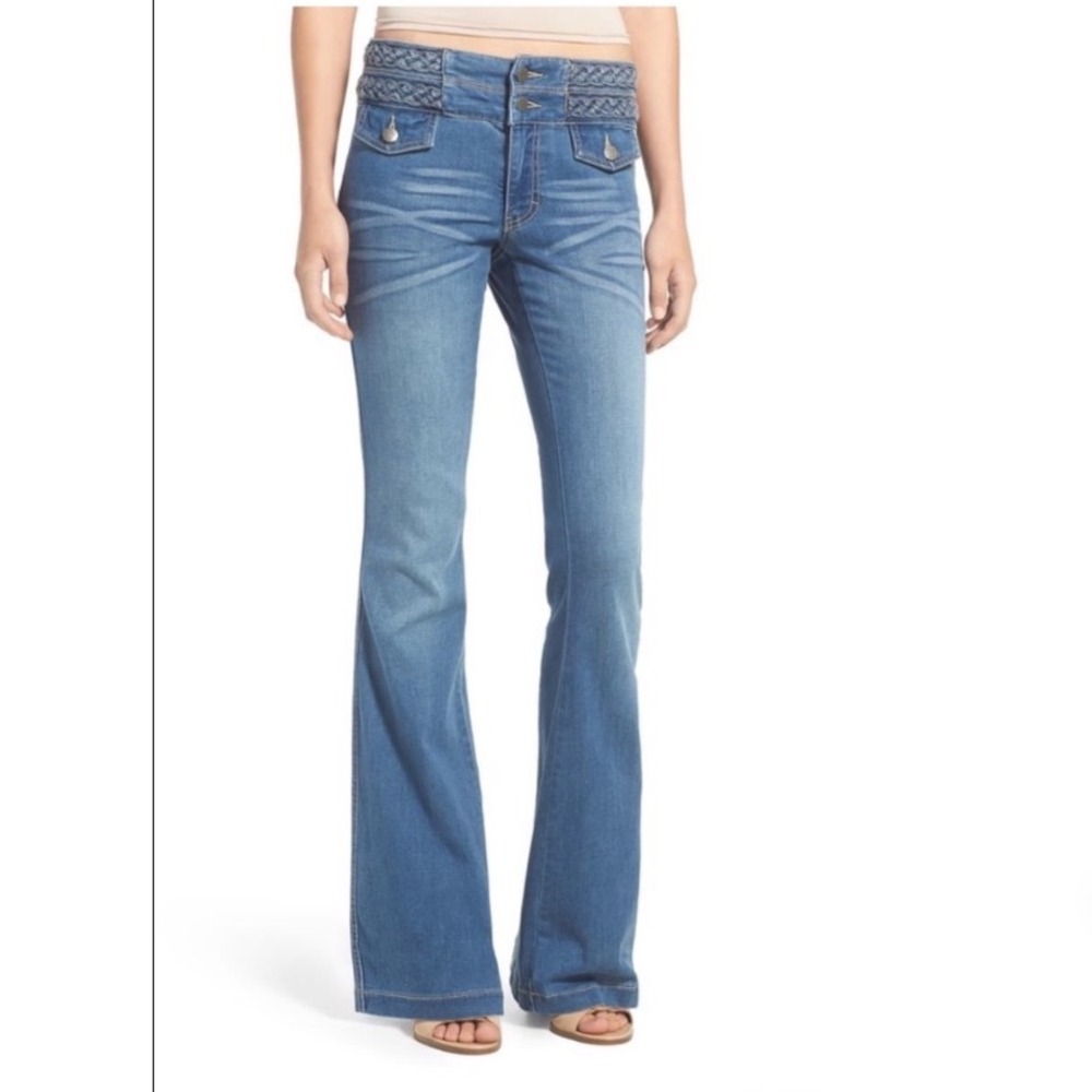 Sun & Shadow Women Blue Braided Waist Flare Jeans Size 5 High Rise Flap Pockets